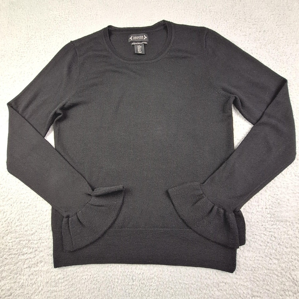 Nanette Lepore Sweater Womens Medium Black 100% Merino Wool Ruffle‎ Cuff Elegant